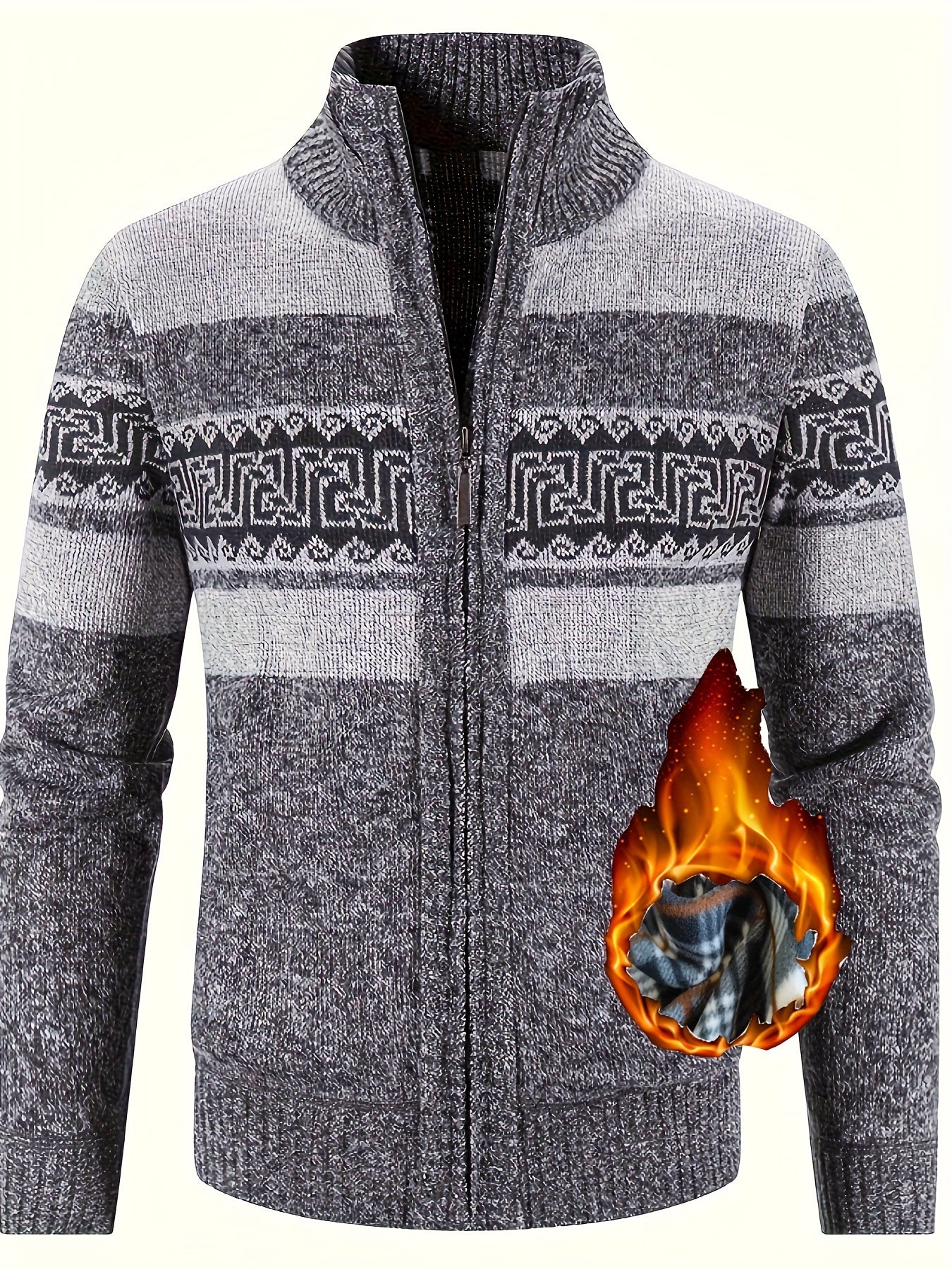 Fleece-Lined Knit Sweater with Ethnic Wave Pattern