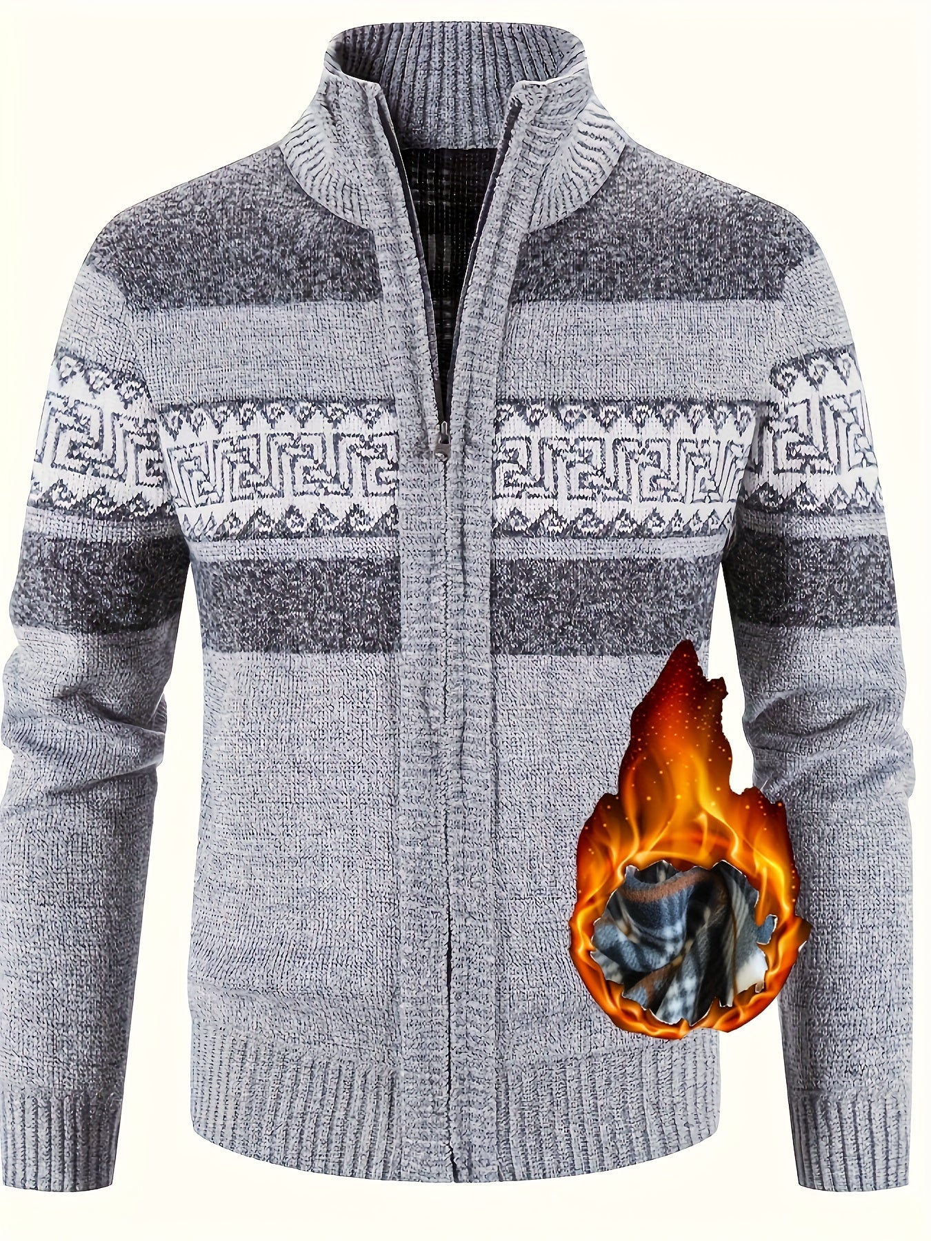 Fleece-Lined Knit Sweater with Ethnic Wave Pattern