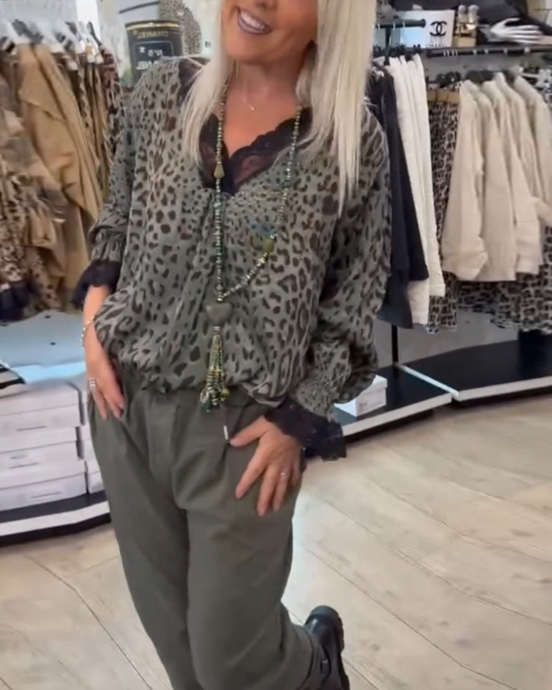 Stylische Damen Bluse mit Leopardenmuster und Spitze