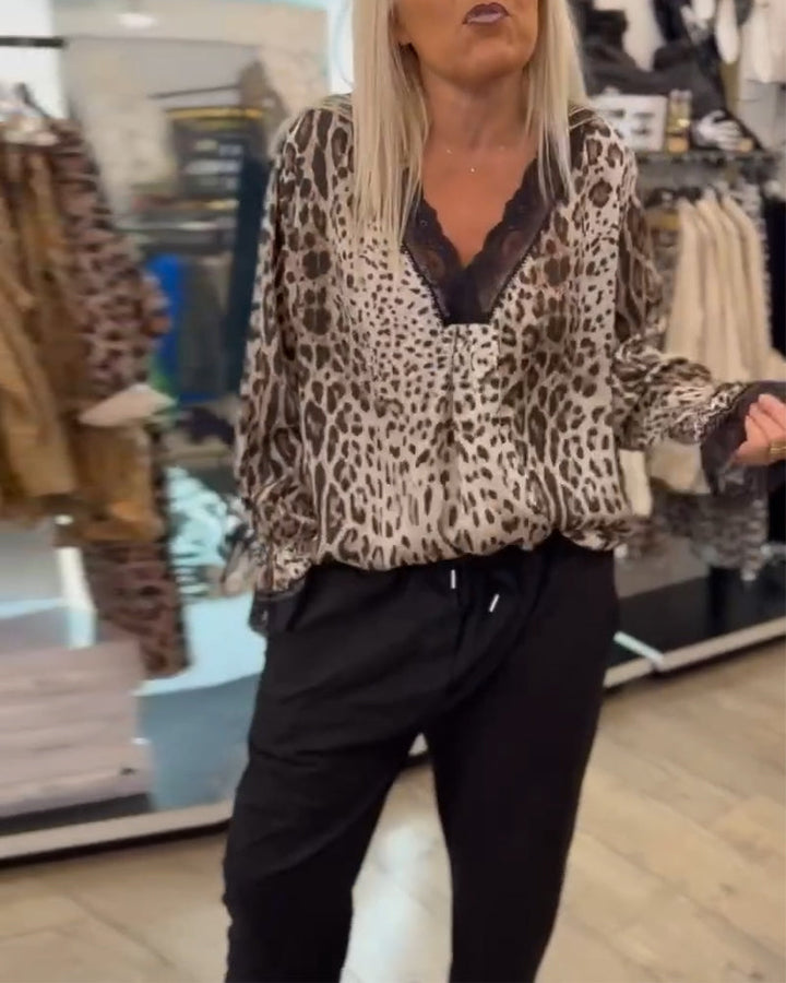 Stylische Damen Bluse mit Leopardenmuster und Spitze