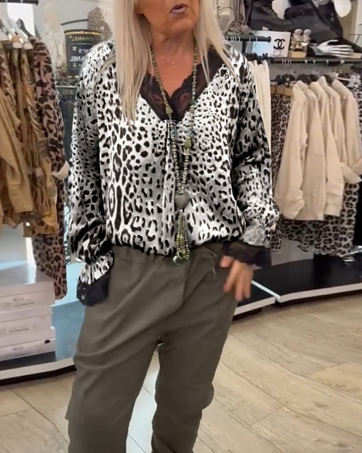 Stylische Damen Bluse mit Leopardenmuster und Spitze