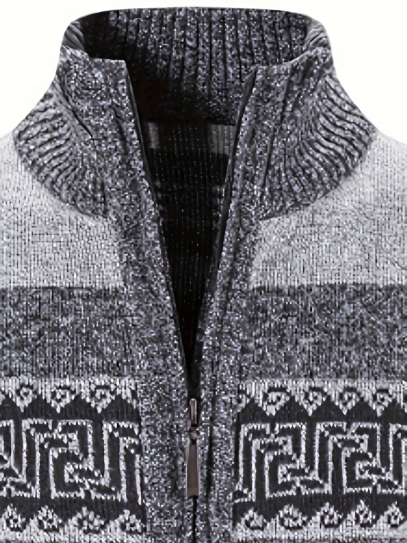 Fleece-Lined Knit Sweater with Ethnic Wave Pattern