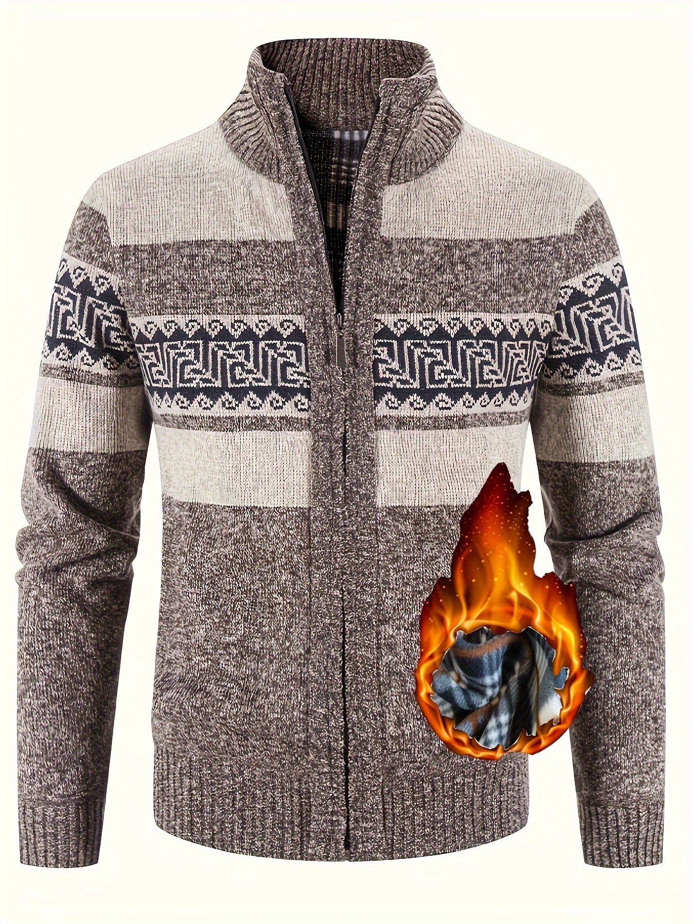 Fleece-Lined Knit Sweater with Ethnic Wave Pattern