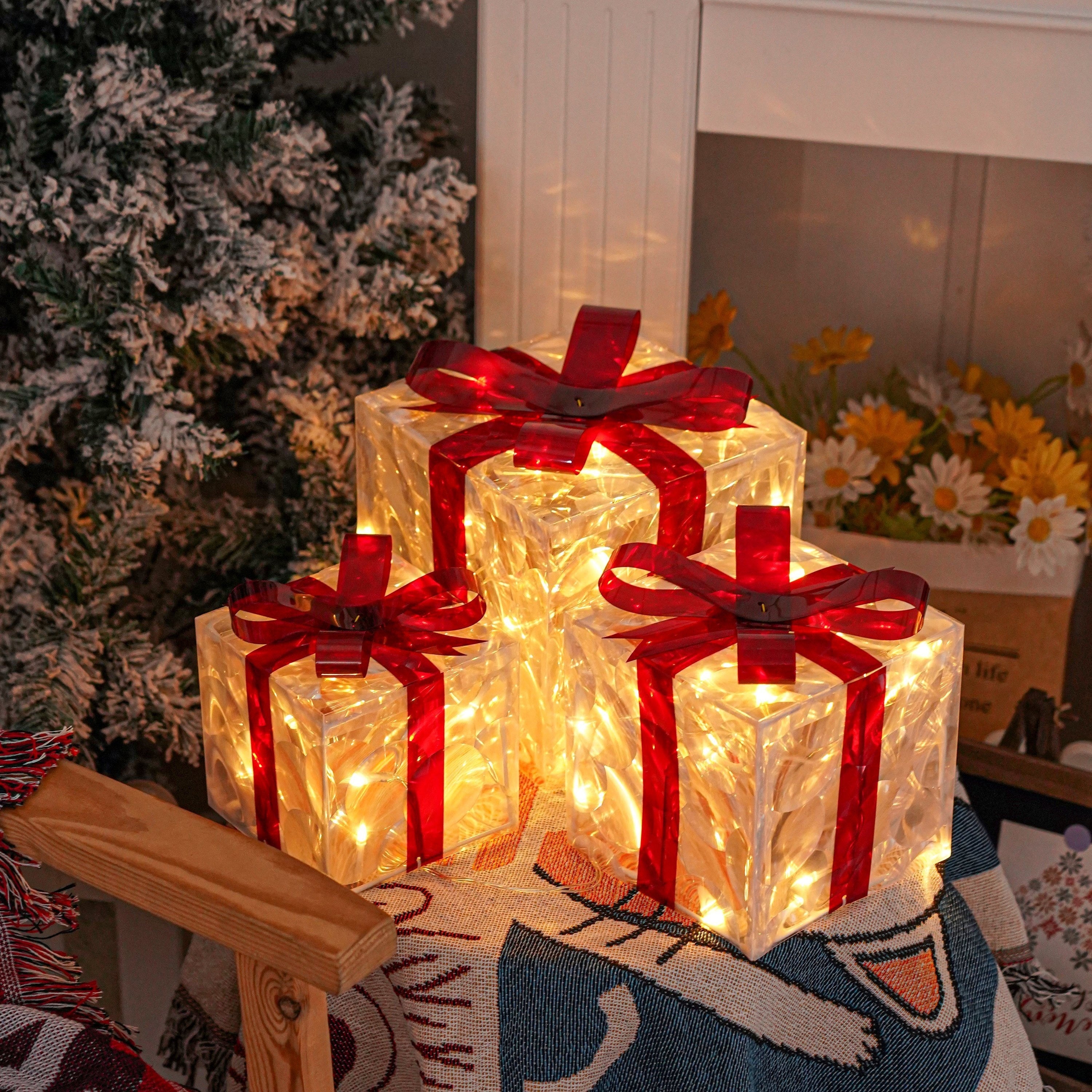 Set of 3 Lit Christmas Gift Boxes