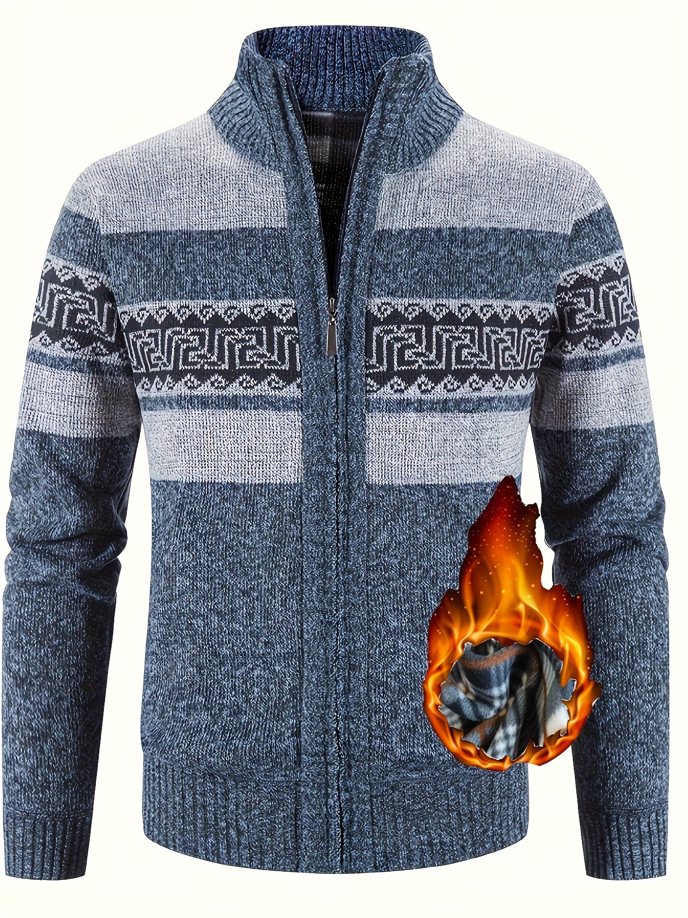 Fleece-Lined Knit Sweater with Ethnic Wave Pattern