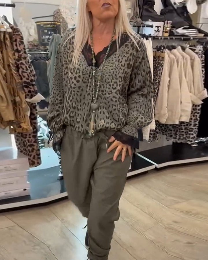 Stylische Damen Bluse mit Leopardenmuster und Spitze